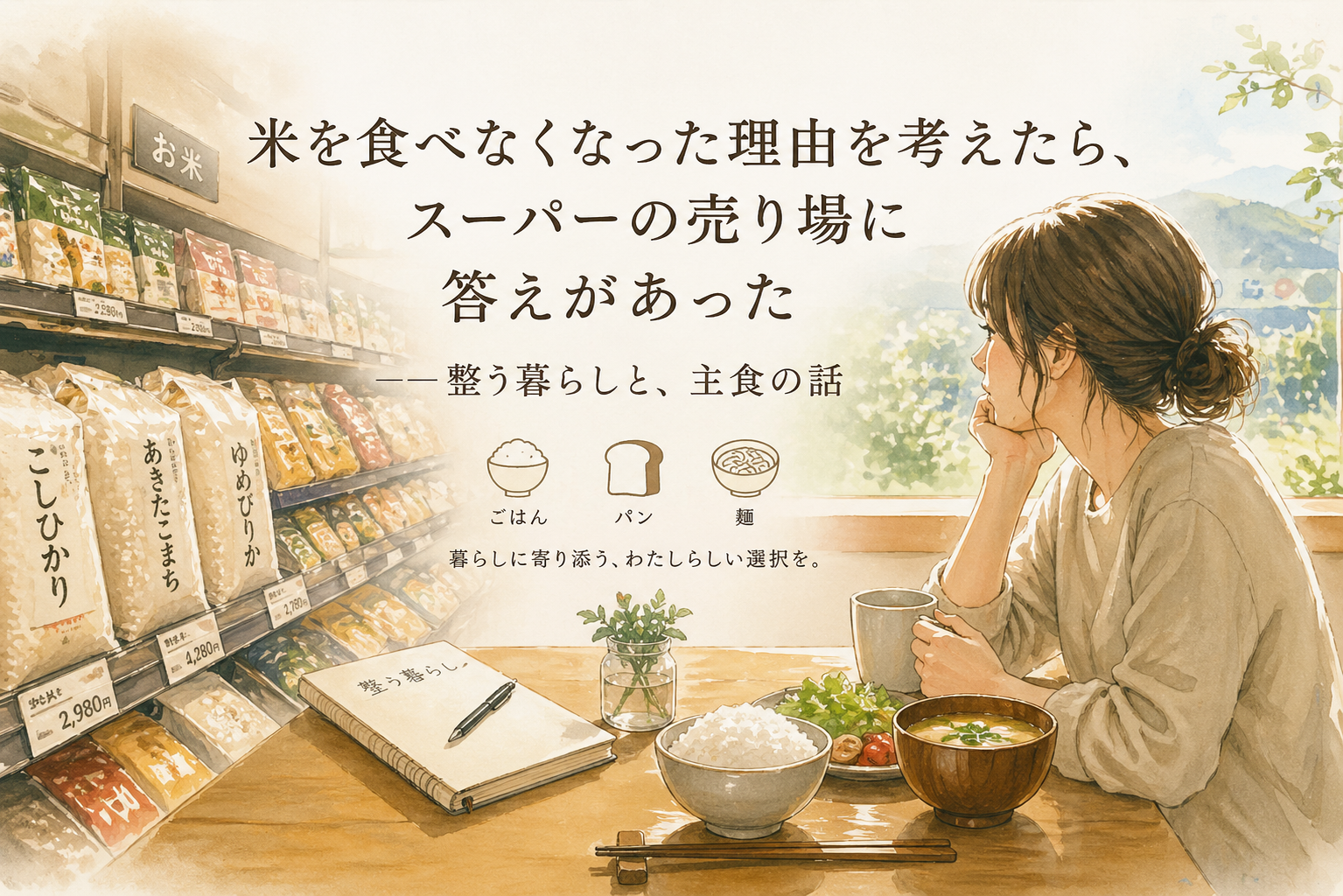 米の価格について考えている女性