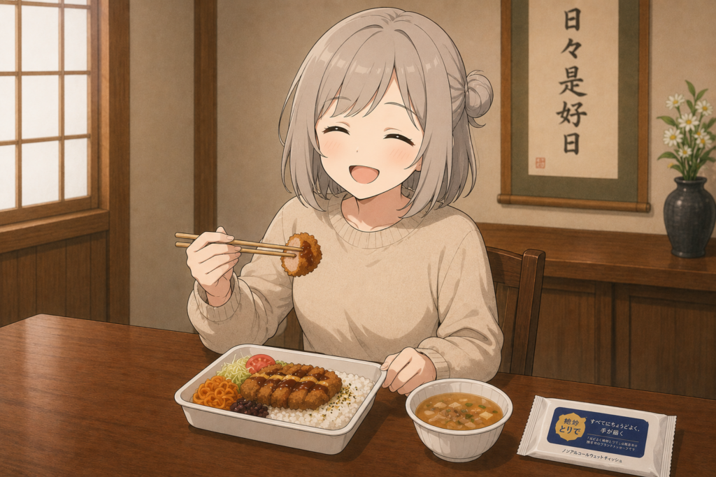 とんかつ弁当を食べるもち子さん
