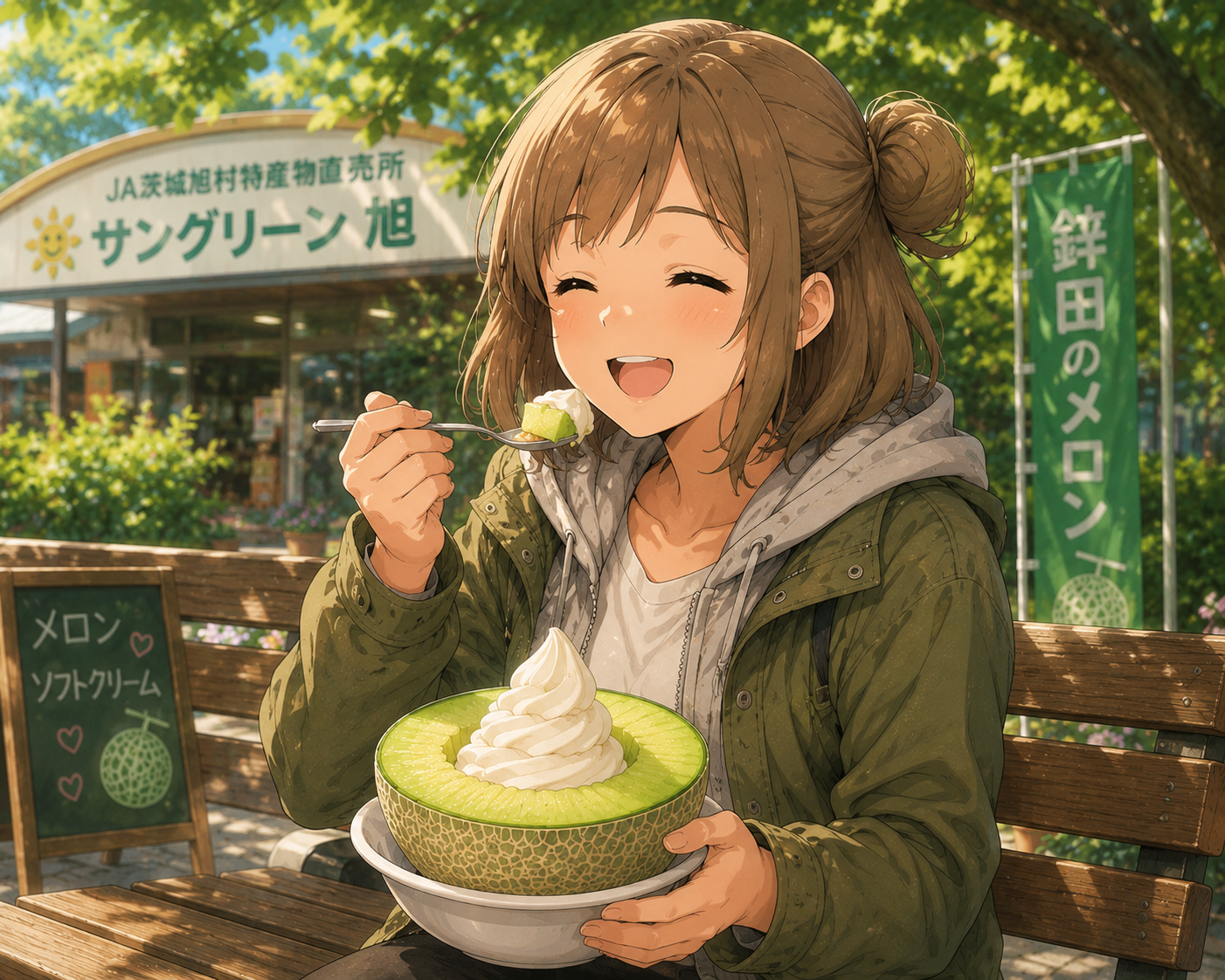 サングリーン旭Cafeのメロンソフトを堪能するもち子さん