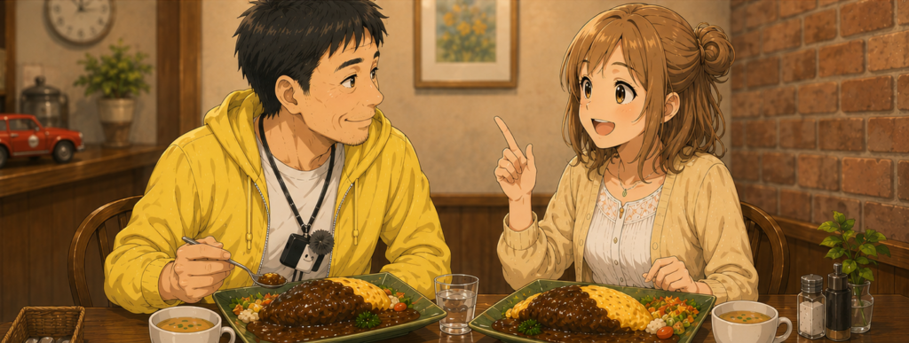 オムカレーを前に談笑するShinともち子さん
