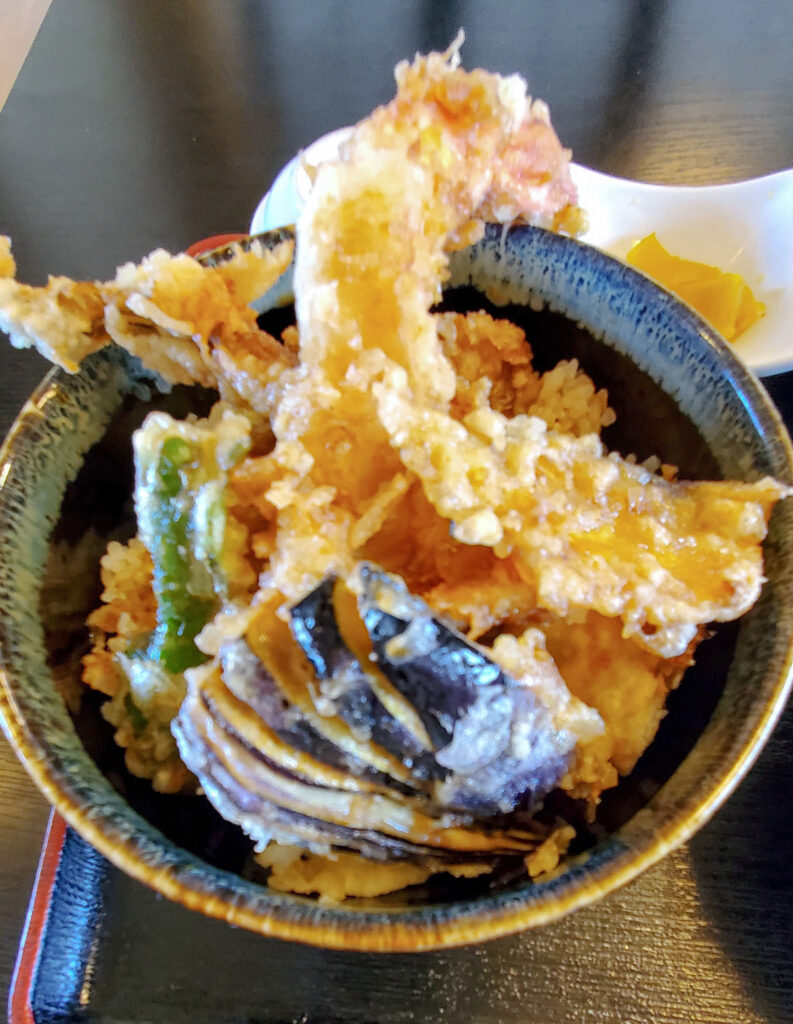 丼から大きくはみ出す穴子と海老、野菜の天ぷらが盛られた天丼