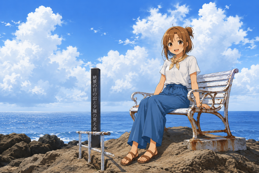 野島崎海岸にある白いベンチに腰掛けるもち子さん。