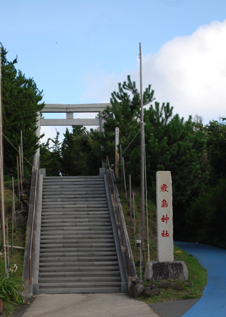 野島崎の木々に囲まれた鳥居と上へ続く石段