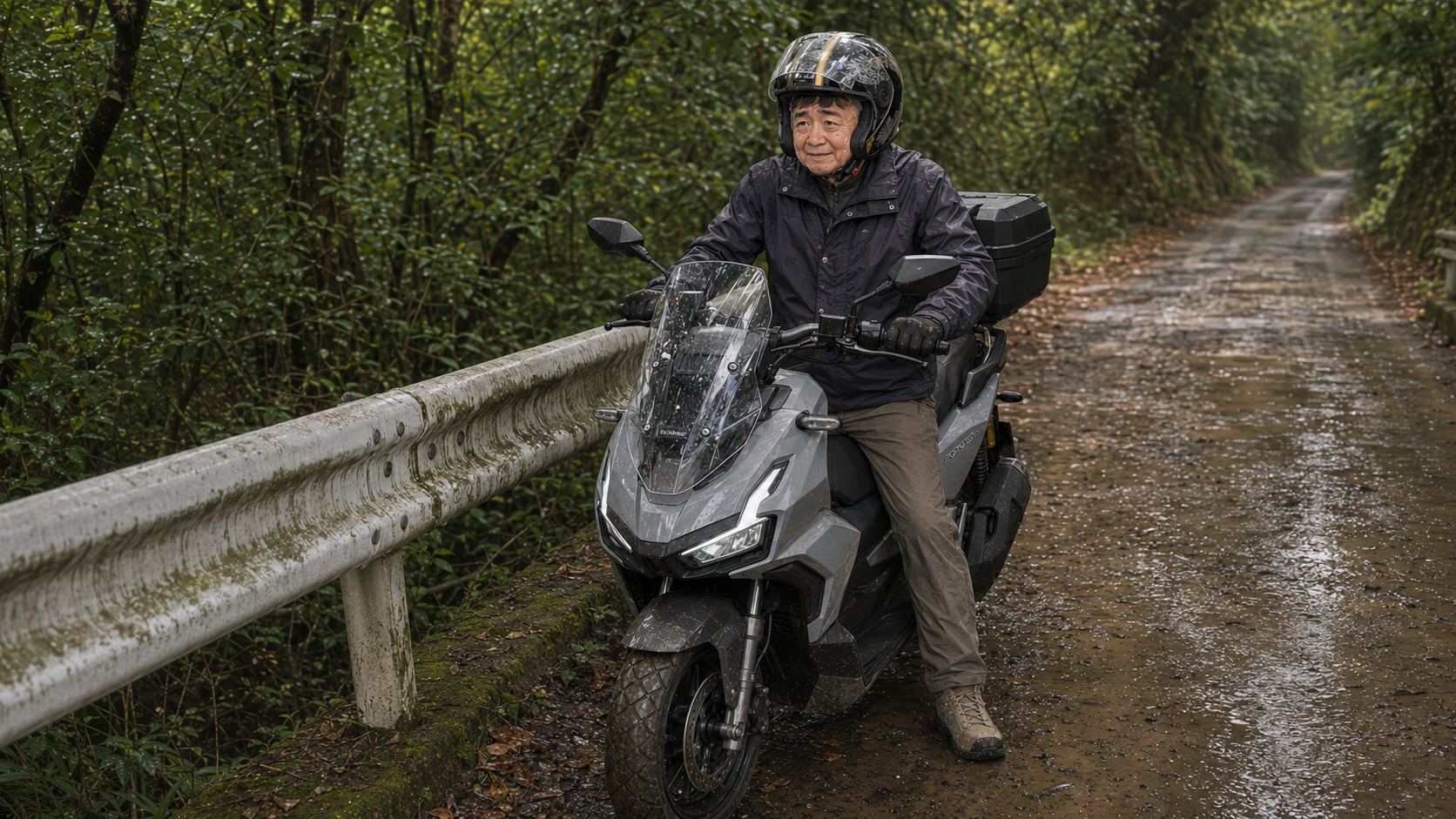 泥濘が続く山道でADV160を支えるShinの再現イラスト