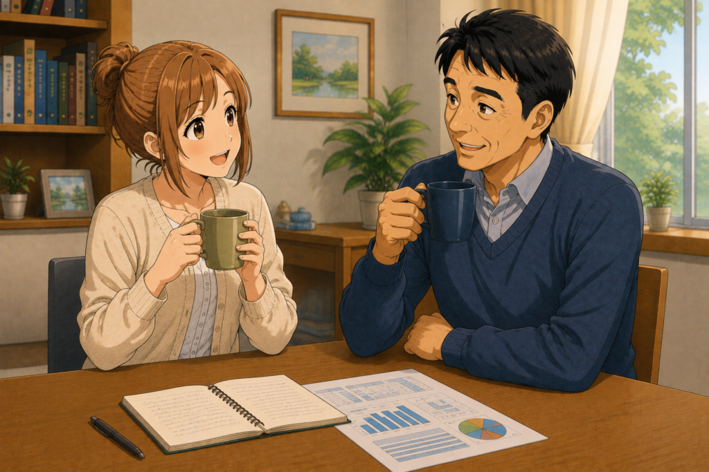 経済データを前にコーヒーを飲みながら日本経済について語り合うShinともち子さん
