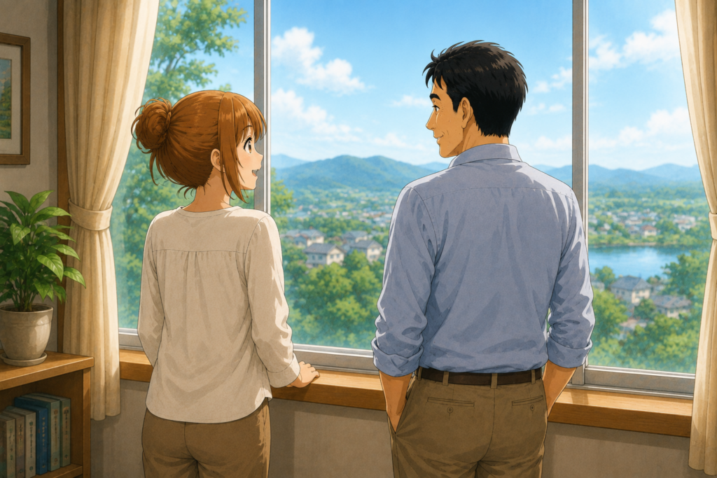 窓辺で景色を眺めながら日本経済とAIの答えについて語り合うShinともち子さん