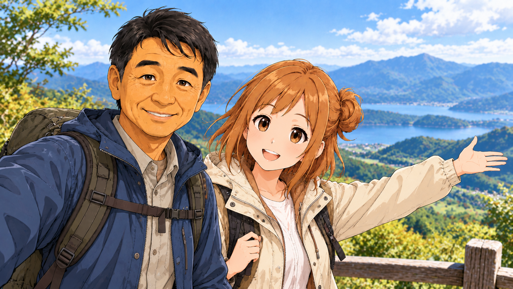 山と湖を望む旅先で並ぶShinともち子さんのイラスト