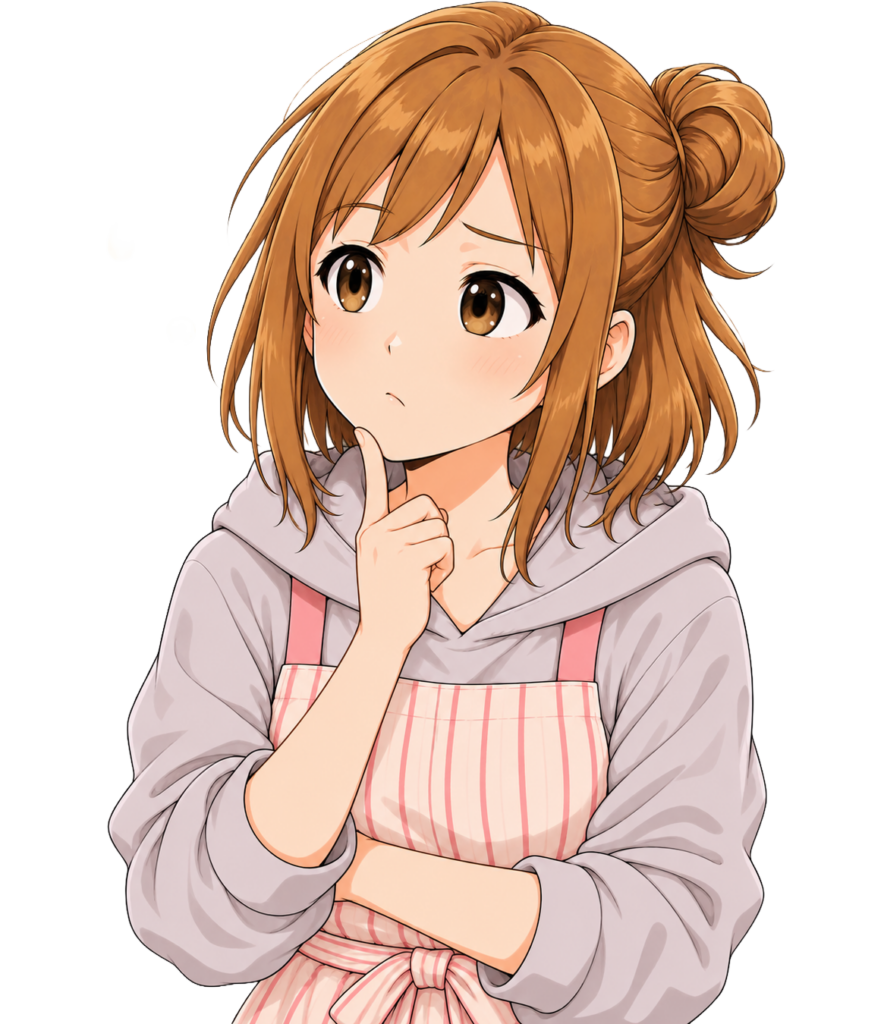 松屋の訳あり30食セットについて考える、エプロン姿のもち子さんのイラスト