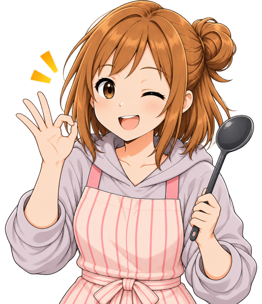 松屋の訳あり30食セットのメリットと注意点を紹介する、エプロン姿でOKサインをするもち子さんのイラスト