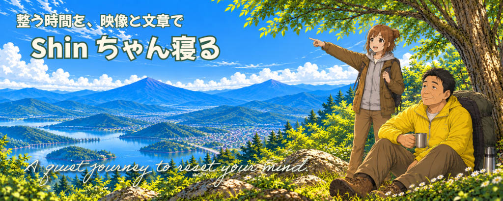 山と湖を望む展望地でくつろぐShinと、景色を指さすもち子さん｜Shinちゃん寝る