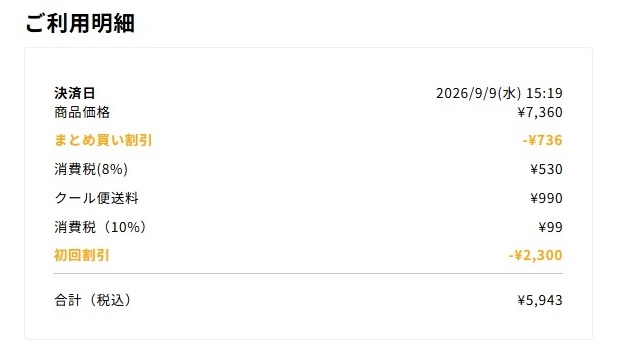 DELIPICKS（デリピックス）の初回注文時の利用明細。2026年9月に冷凍宅配食8食を購入し、まとめ買い割引736円と初回割引2,300円が適用され、送料・税込みの支払総額は5,943円（1食あたり約743円）。