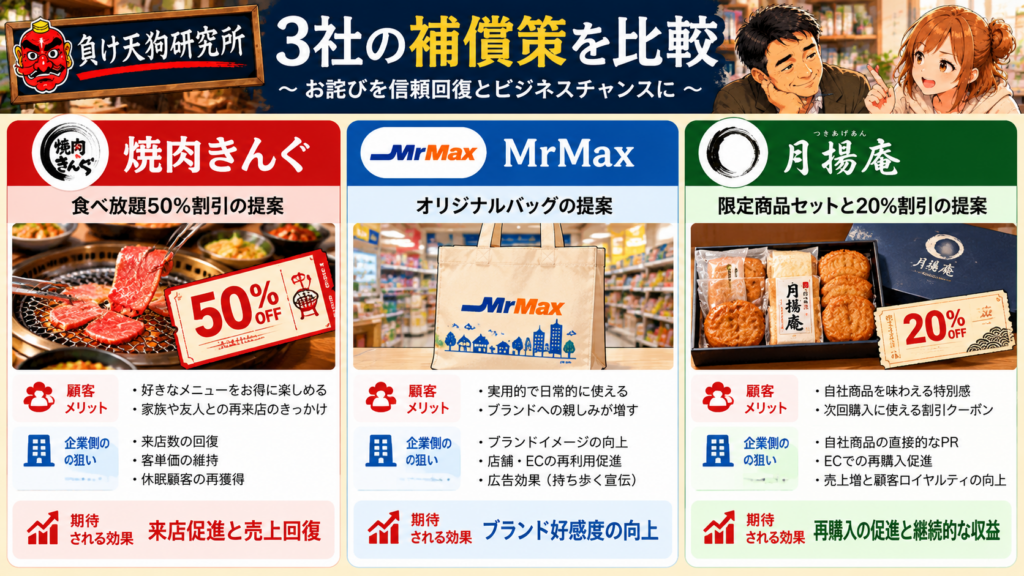 負け天狗研究所が提案する3社の補償策比較。焼肉きんぐは食べ放題50％割引、MrMaxはオリジナルバッグ、月揚庵は限定商品セットと次回購入20％割引を提案。顧客メリットと企業側の狙いを図解。