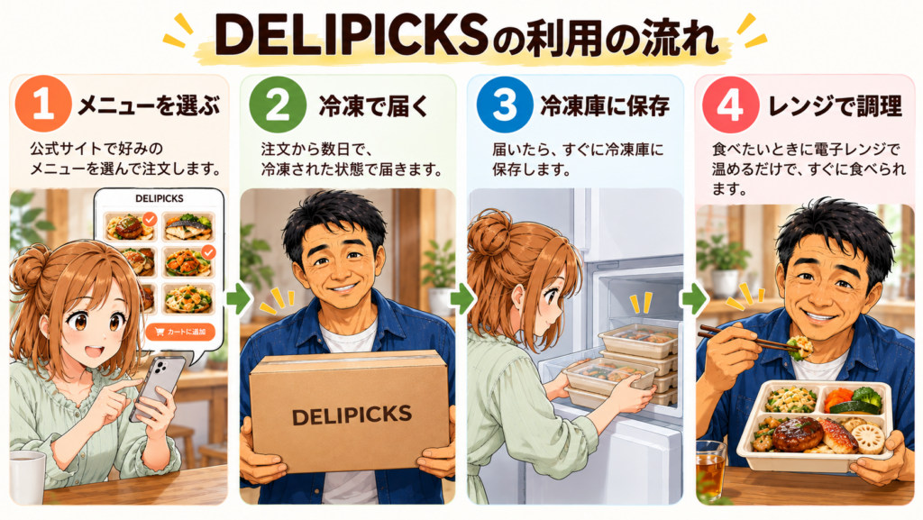 DELIPICKS（デリピックス）の利用方法を4段階で紹介する図解。メニュー選択、冷凍配送、冷凍庫での保存、電子レンジでの調理までを、Shinともち子さんのイラストで説明している。