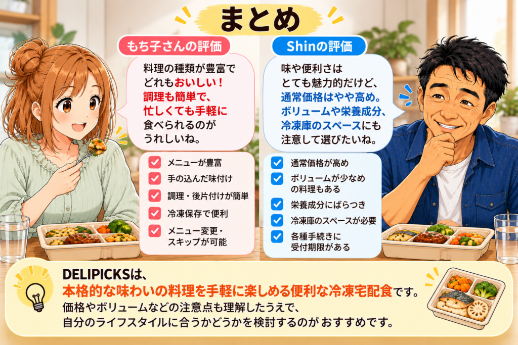 DELIPICKS（デリピックス）の冷凍宅配食を実食したShinともち子さんによる総合評価イラスト。料理の種類や味、調理の手軽さなどのメリットと、通常価格やボリューム、栄養成分などの注意点を比較している。