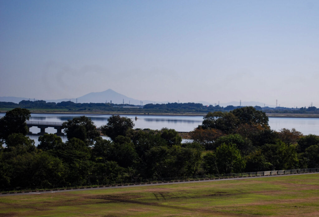 道の駅かぞわたらせから望む渡良瀬遊水地の広大な風景。遠くには筑波山が見える。