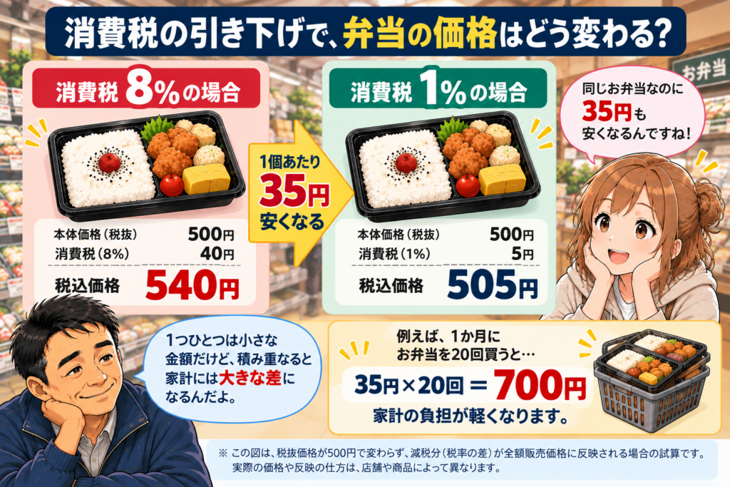食料品の消費税率が8％から1％に下がると、税抜500円のお弁当の税込価格は540円から505円となり、1個35円、月20個で700円安くなる試算図