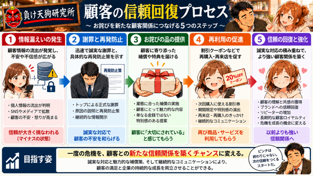 負け天狗研究所が考える顧客の信頼回復プロセス。個人情報漏えいの発生、謝罪と再発防止、お詫びの品の提供、再利用の促進、信頼の回復と強化という5つのステップを図解。