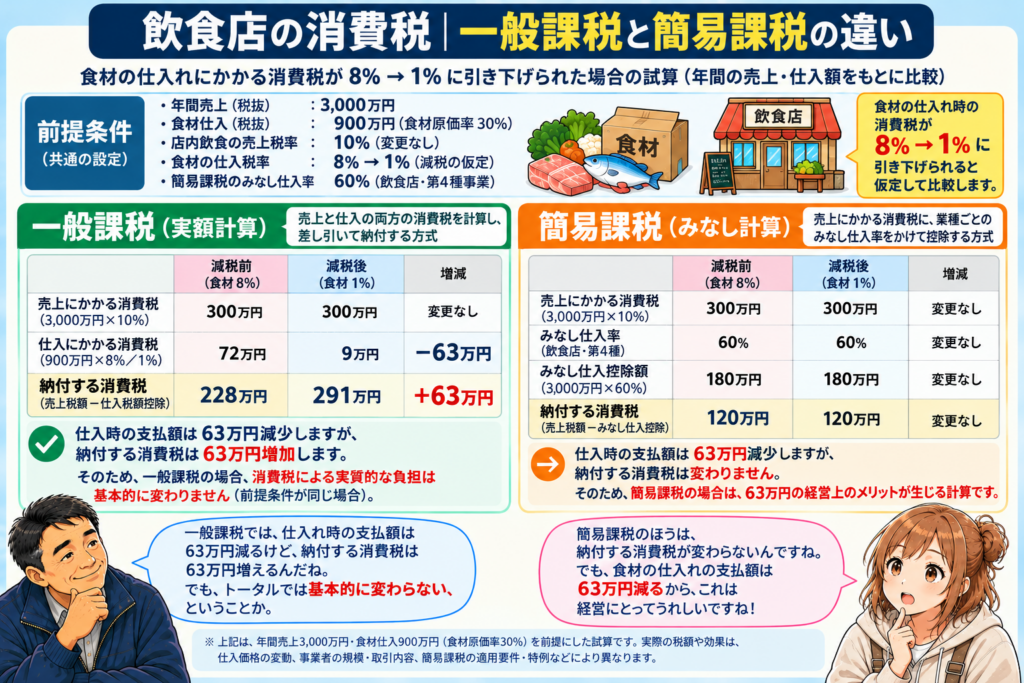 年間売上3,000万円、食材仕入900万円の飲食店を例に、食材の消費税率が8％から1％になった場合の一般課税と簡易課税の納付額・収支への影響を比較した図表