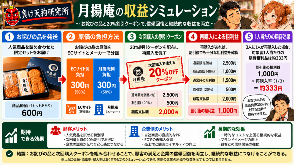 月揚庵への仮想補償提案の収益シミュレーション。お詫びの商品原価600円をECサイトとメーカーで300円ずつ分担。次回購入20％割引と再購入による粗利益を図解。