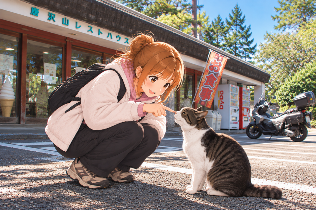 唐沢山レストハウス前で、白と黒の猫にしゃがんで話しかけるもち子さんのイラスト。背景にはADV160が停まっている。
 コピー