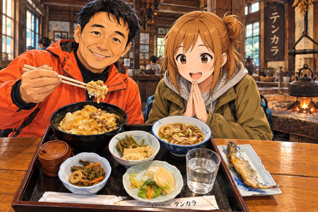 那須高原の自然料理店「テンカラ」の囲炉裏のある店内で、山の幸を使った定食を前に、笑顔で食事を楽しむShinと、料理に目を輝かせるもち子さんを描いたイラスト。