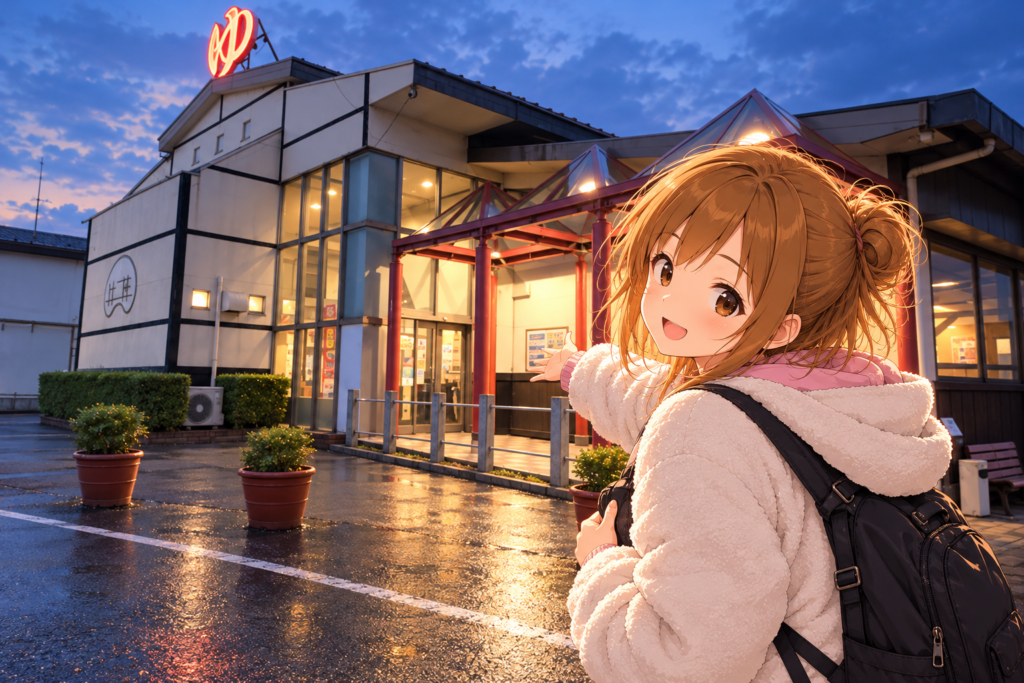 夕暮れの佐野やすらぎの湯の建物を背景に、笑顔で入口を紹介するもち子さんのイラスト