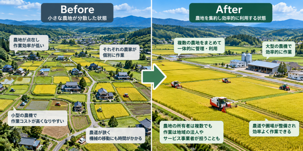 小さく分散した農地を個々の農家が管理する状態と、複数の農地をまとめて大型農機などで効率的に管理する状態を比較したイラスト