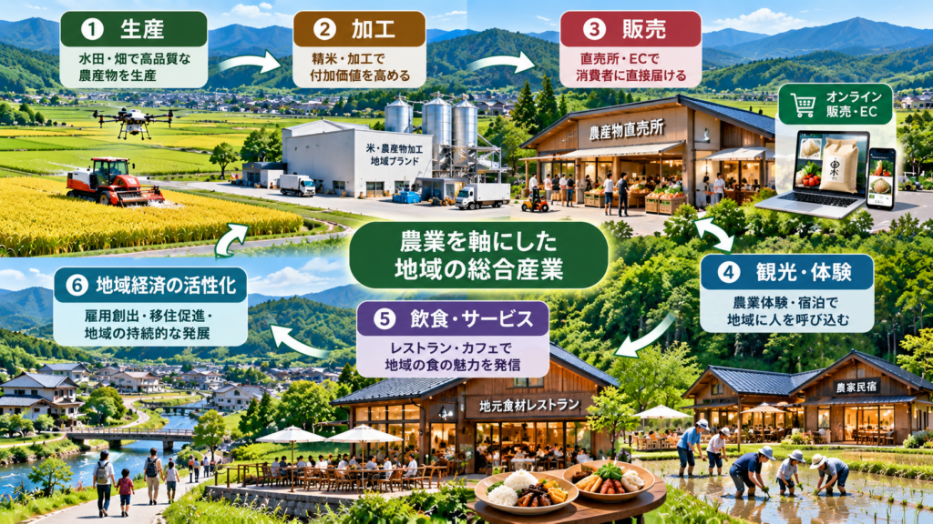 農産物の生産から加工、直売・EC、農業体験や宿泊、飲食サービスへ展開し、雇用創出や地域経済の活性化につなげる農業の地域総合産業化を示したイラスト