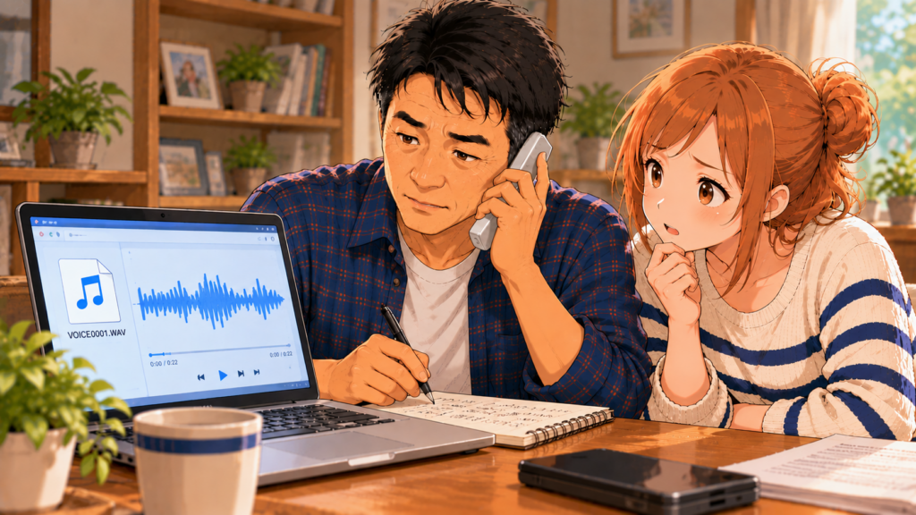 不審な自動音声電話の録音データをPCで確認しながら、警察へ電話で相談するShinともち子さん