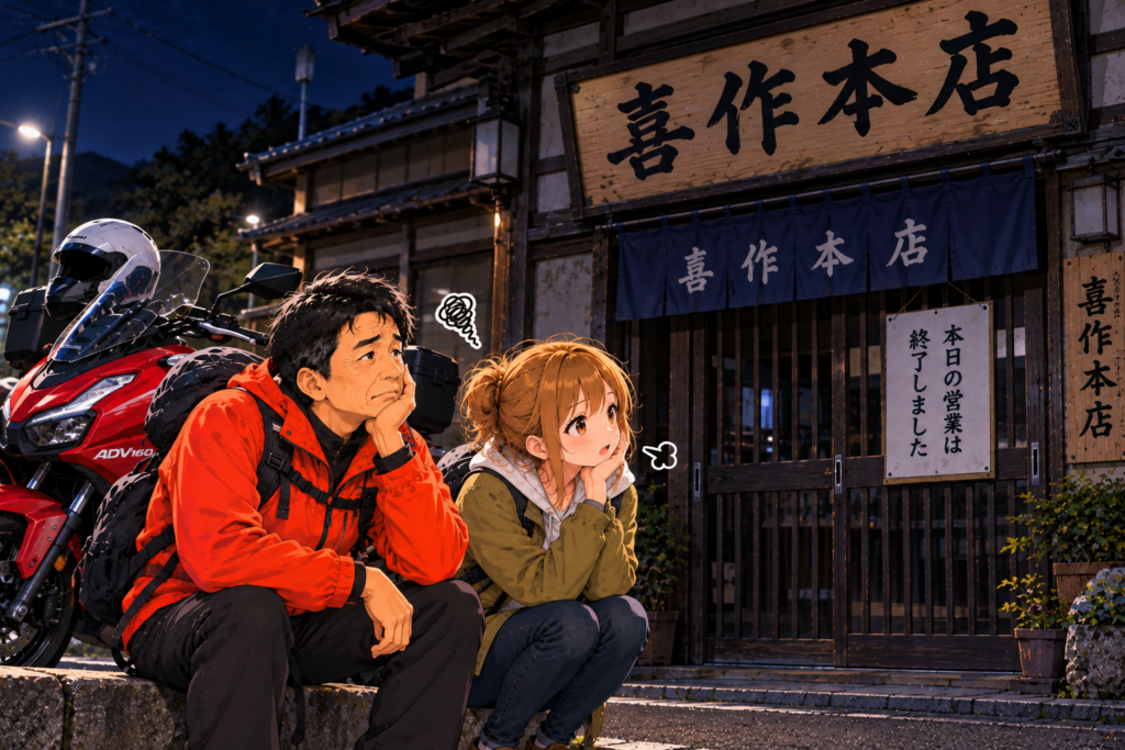 那須ツーリングの帰りに立ち寄った喜作本店が閉店しており、店の前で肩を落とすShinともち子さん。赤いADV160を添えた夜のイラスト。