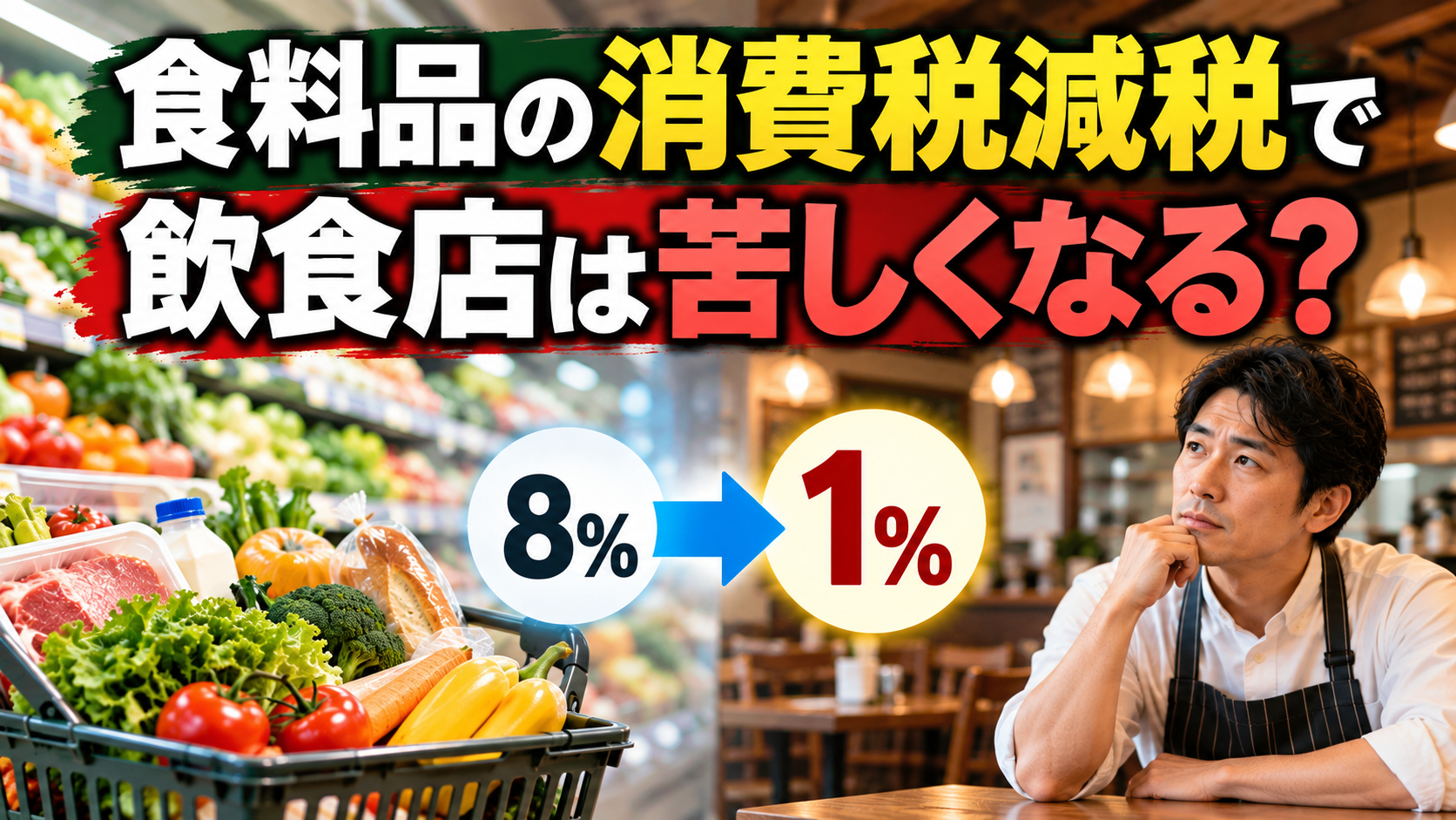 食料品の消費税減税で飲食店は苦しくなる？スーパーの食料品と考え込む飲食店主を背景に、消費税率8％から1％への引き下げを示した画像